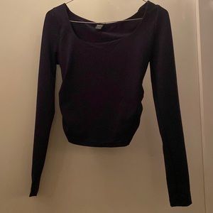 Tight fit navy blue square neck long sleeved top ruched sides Not worn with tags